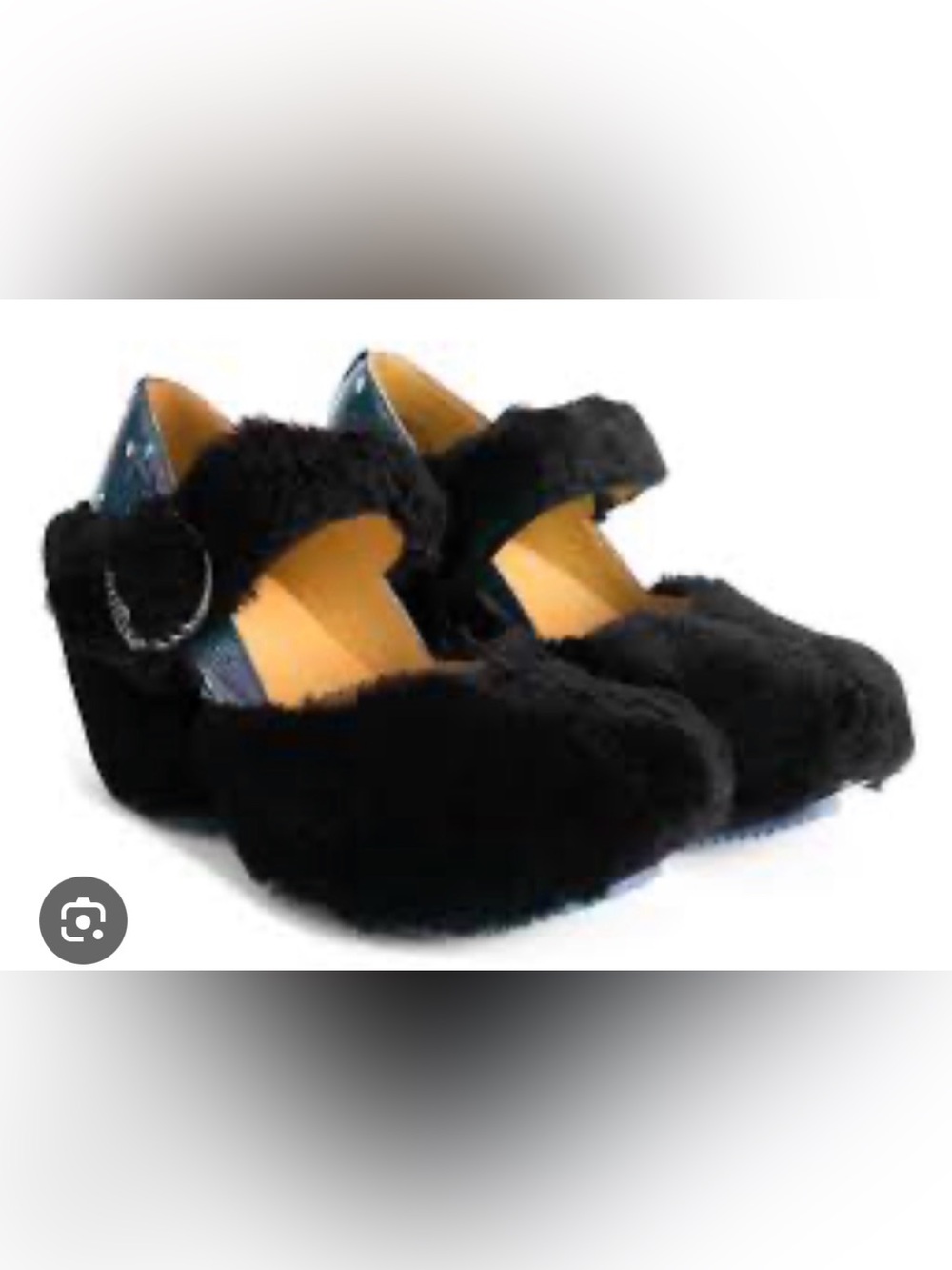 Fluevog LIKE NEW Prepare Leader black shearling/blue floral patent platform- 9